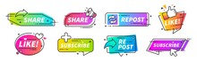 Like And Share Banner. Social Media Thumb Up Share And Repost Buttons For Vlogs, Blogs And Video Channel. Vector SMM Marketing Recommends Style Fillings Icons For Social Fillings