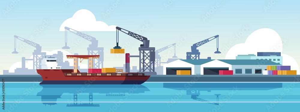 Marine port. Shipping transportation and ocean logistic flat banner, cargo ships and freight vessels. Vector illustration loading by crane maritime freight transportation container in dock - obrazy, fototapety, plakaty 