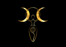 Gold Spiral Goddess Of Fertility And Triple Moon Wiccan. The Spiral Cycle Of Life, Death And Rebirth. Golden Woman Wicca Mother Earth Symbol Of Sexual Procreation, Vector Isolated On Black Background