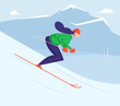 © Anna Syvak - Girl Riding Downhills by Skis Having Wintertime Fun and Leisure Time. Winter Sports Activity and Spare Time. Young Woman Skiing on Mountains Resort. Active Lifestyle Cartoon Flat Vector Illustration