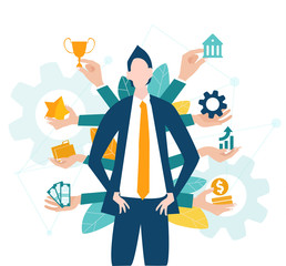 Wall Mural - Businessman surrounded by the hands offering him cares growth, money, opportunity, support and help in business developing, Start up, new business, success, advisory and assurance. 