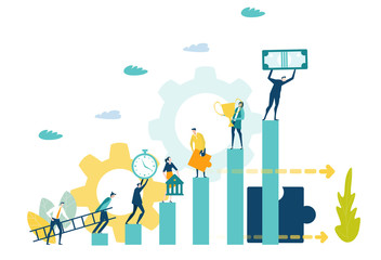 Wall Mural - Business people, creative team walking up on the growth bars with business communication symbols, pulse, ladder, money, clock. Business concept illustration
