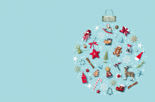 Christmas Holiday Background With Objects In Bauble Ornament Shape, Top View