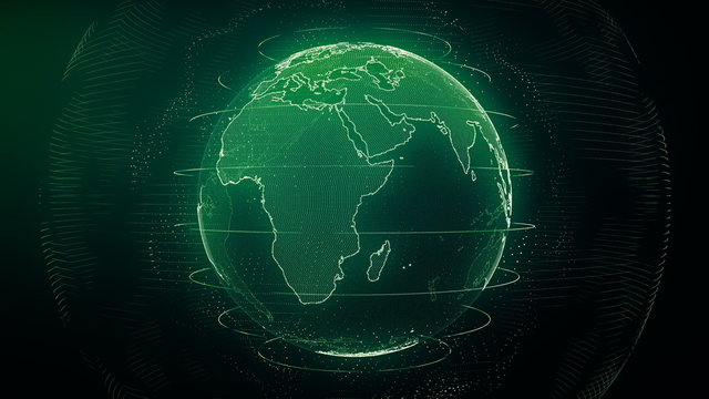 Wall Mural - Futuristic green digital Earth Europe skyline. Global data network around planet in modern age. Worldwide internet and blockchain. Technology, connectivity, science and business concept 3D render