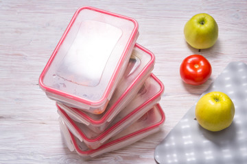 Preparing set of plastic food container, take out lunch