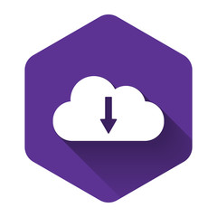 White Cloud download icon isolated with long shadow. Purple hexagon button. Vector Illustration