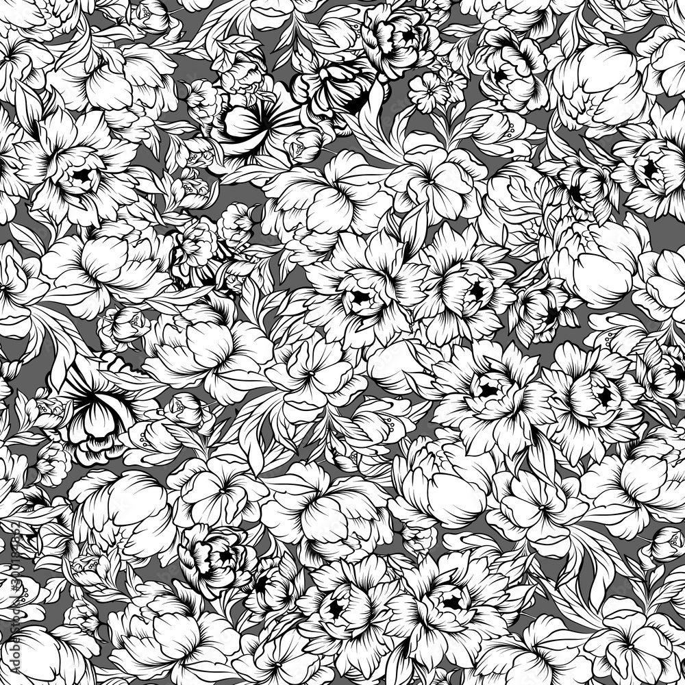 seamless pattern with line art drawings of peony - hand drawn vector ...