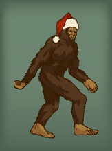 Bigfoot Wearing Santa Claus Hat Walking Isolated Vector Illustration