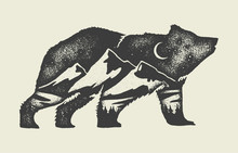 Bear With Mountains In It - Double Exposure Tattoo Style Vintage Grunge Illustration