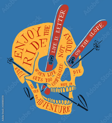 Cuadros en Lienzo Ski skull covered with typography, with skies and sticks in it's eyes and mouth