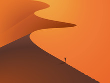 In A Desert Dunes With A Man In The Foreground. Sunset Landscape. Vector EPS 10;