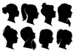 Woman heads in profile. Beautiful female faces profiles, black silhouette outline avatars, anonymous portraits with hairstyle vector set