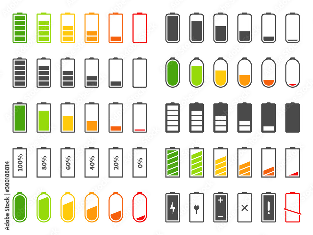 Battery icons. Charging level batteries charge indicator, alkaline tags ...