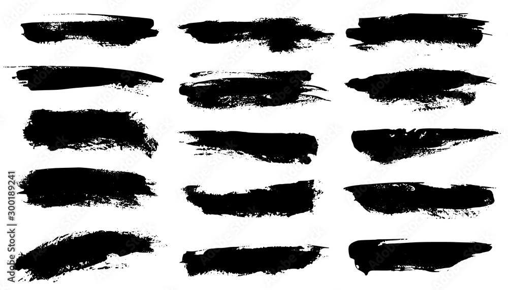 Grunge brushes. Black paint strokes, ink paintbrush texture. Brushstroke stain grungy drawing frame borders, isolated vector set - obrazy, fototapety, plakaty 