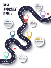 The Best Journey Route. Road Trip And Journey Route. Business And Journey Infographic Design Template With Flags And Place For Your Data. Winding Road On A Colorful Background. Vector EPS 10