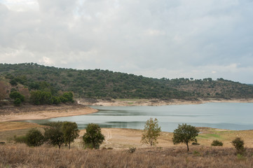 Sticker - Dam bed on the Tejo river, in Portugal, without water. It is possible to walk where there should be many cubic meters of water