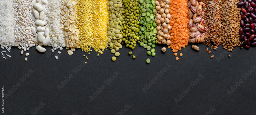 Cereals and legumes food Panoramic background in high resolution. - obrazy, fototapety, plakaty 