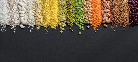 Cereals and legumes food Panoramic background in high resolution.