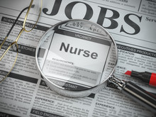 Nurse Vacancy In The Ad Of Job Search Newspaper With Loupe.