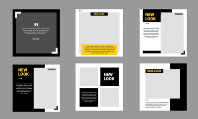 set of editable minimal square banner template. black and yellow background color with stripe line s