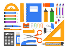 Stationery Set Vector Isolated. Collection Of School Supplies.