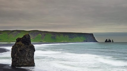 Wall Mural - ICELAND TIMELAPSE LOOP VIDEO: Reynisfjara Beach view point Dyrholaey, view of famous Iceland black sand beach on South Iceland. Amazing icelandic nature landscape tourist attraction destination. 4K