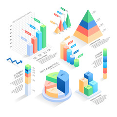 set of Isometric Infographic Elements - bar and line charts, percentages, pie charts. 3D Vector Illustration.