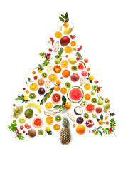 Wall Mural - New Year or Christmas tree made of various fruits isolated on white background, top view, flat layout.