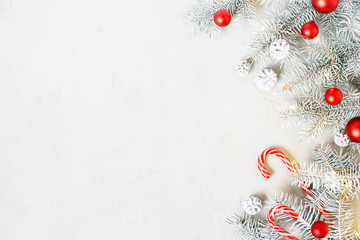 Christmas or New Year festive background with frosty fir branches