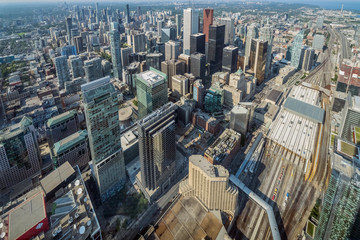 Aerial view of Toronto City Skyscrapers, Looking northeast from top of CN Tower toward East York and Scarborough districts in summer, Union Station at bottom right. Toronto City, Ontario, Canada