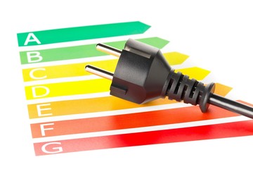 european energy classification labels with power cord on white - energy saving or power consumption 