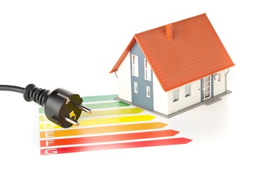 Wall Mural - european energy classification labels with power cord, plug and model house on white - energy saving
