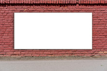 Larger Red Brick Fence Texture On City Street, Asphalt Pavement Along Wall With Blank Sign Billboard Mock-up