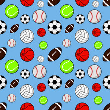 Seamless Pattern Balls. Football, Rugby, Baseball, Basketball, Tennis And Volleyball Isolated On Blue Background. Vector Illustration.