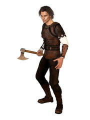 Wall Mural - Hunter with axe in hand, ready to fight. Isolated on white. 3D rendering.