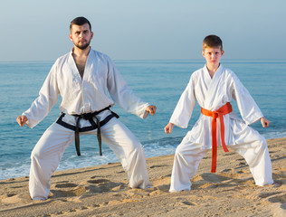 Wall Mural - Man and boy practicing karate