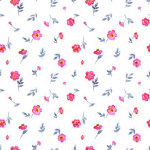 Seamless Pattern Of Small Pink Flowers On A White Background, Print For Fabric, Background For Various Designs, Children's Watercolor Pattern.