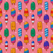 Cute Funny Kawaii Ice Cream Icons Seamless Pattern. Cartoon Style. Isolated On Pink Background. Vector Illustration.