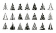 Hand drawn doodle christmas tree set. Many group silhouette decor icons isolated on white background. Black color sketch style holiday trees. New year vector symbol. Simple artistic line stroke 