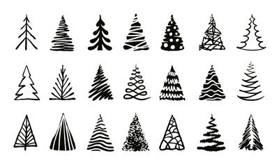 hand drawn doodle christmas tree set. many group silhouette decor icons isolated on white background