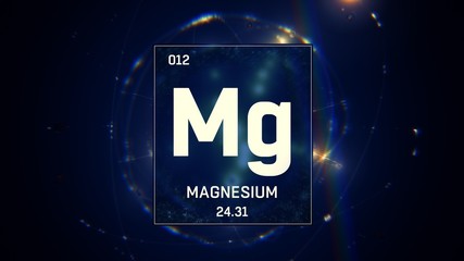 Wall Mural - 3D illustration of Magnesium as Element 12 of the Periodic Table. Blue illuminated atom design background with orbiting electrons. Design shows name, atomic weight and element number