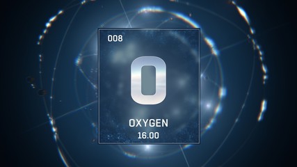 3D illustration of Oxygen as Element 8 of the Periodic Table. Blue illuminated atom design background with orbiting electrons. Design shows name, atomic weight and element number