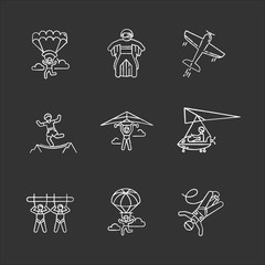 Wall Mural - Air extreme sports chalk icons set. Skydiving, parachuting, hang gliding, wingsuiting. Aerobatics, highlining, paragliding. Giant swing, bungee jumping. Isolated vector chalkboard illustrations