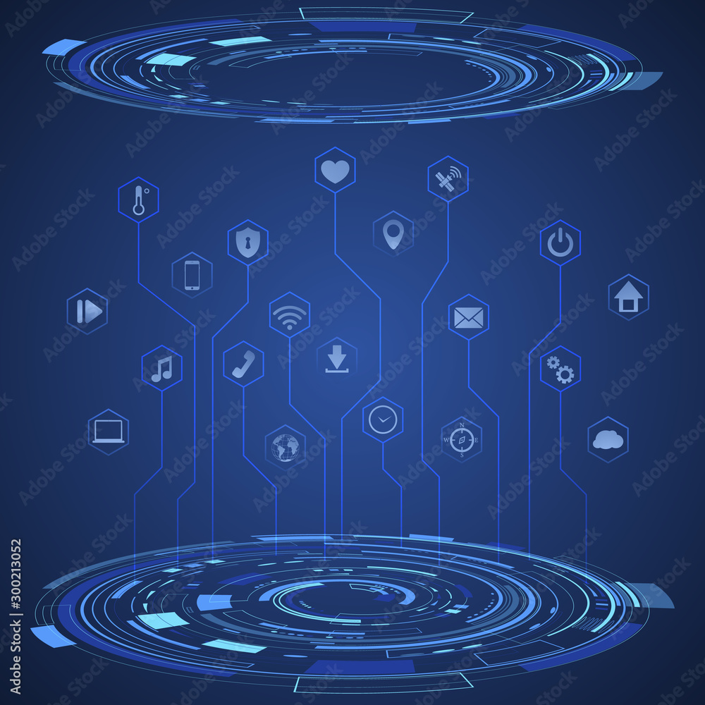 Digital technology icon vector illustration. internet of things background. Abstract protecting data network ecosystem innovation design. Iot, smart home connection, house control by smartphone - obrazy, fototapety, plakaty 