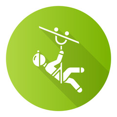 Poster - Zip line green flat design long shadow glyph icon. Canopy tour. Person with pulley on cable. Wire descend. Man sliding down rope. Extreme sport. Vector silhouette illustration