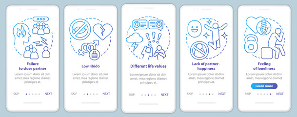 Relationship in trouble onboarding mobile app page screen with linear concepts. Failure to close partner walkthrough steps graphic instructions. UX, UI, GUI vector template with illustrations
