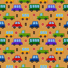 seamless pattern colorful transport cute car cartoon style isolated on cream background. illustration vector.