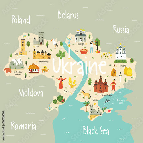 Fotomural Bright map of Ukraine with landscape, symbols