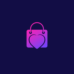 Sticker - Shop logo with bag and heart, vector