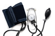 Blood pressure monitor and stethoscope. Medical sphygmomanometer for blood pressure control on white background